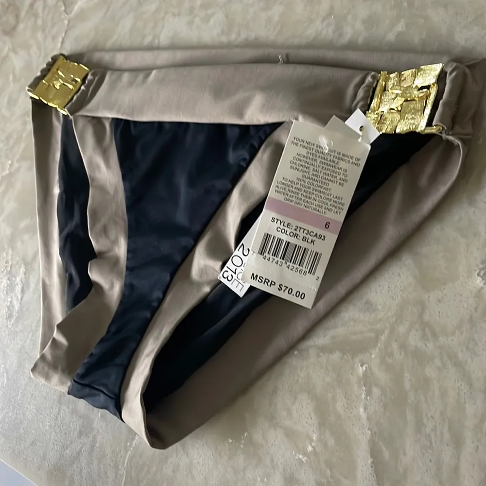 NWT Trina Turk black taupe colorblock gold mosaic square hardware sides size 6 - Image 11