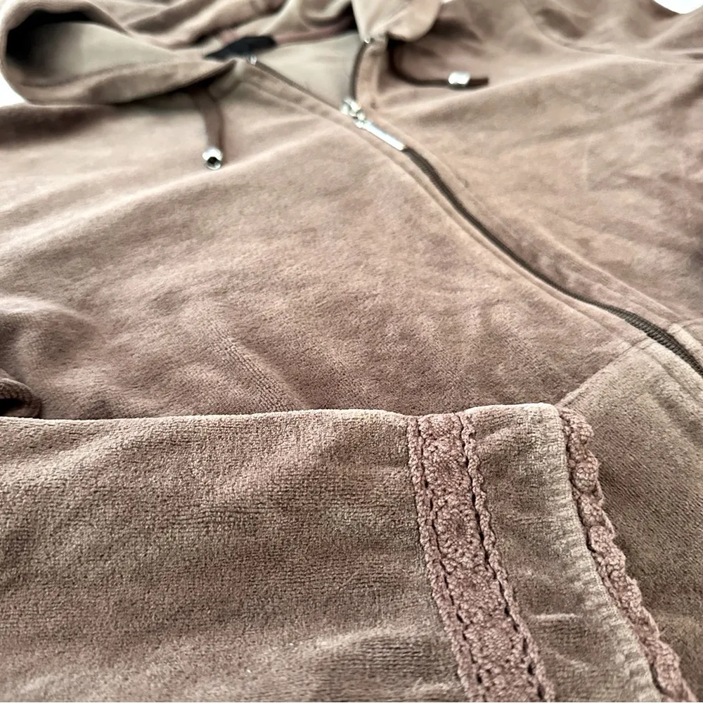 Retro Y2K Daisy Fuentes Brown Velour Zip Hoodie Lace Trim Size M - Image 5