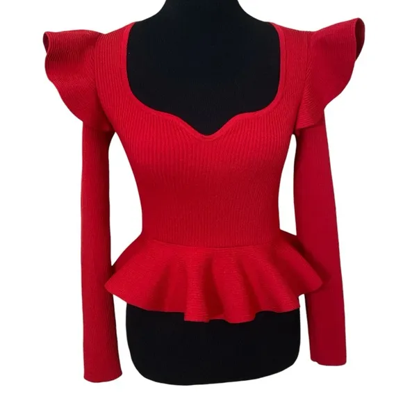 Red exaggerated ruffle long sleeve peplum sweater avant garde - Image 2