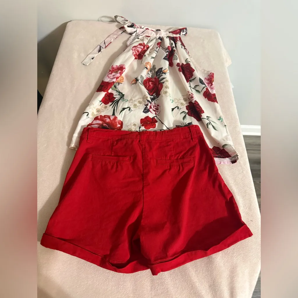 Vibrant Red High Waist Women's Shorts size L Active USA and blouse size M Shine - Image 2