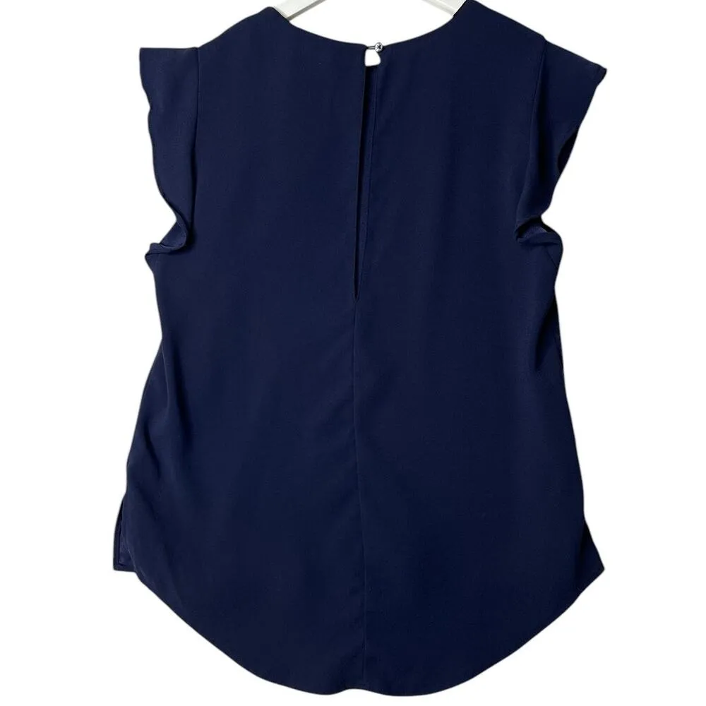 Aritzia Babaton Chaplin Flutter Sleeve Blouse Top Dark Blue S Pullover Keyhole - Image 5
