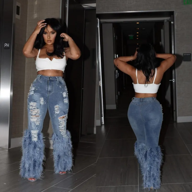 Nichole Lynel | NEW Feather Pearl Flare Denim Small Gala Party Clubbing Blue Size 6 - Image 2