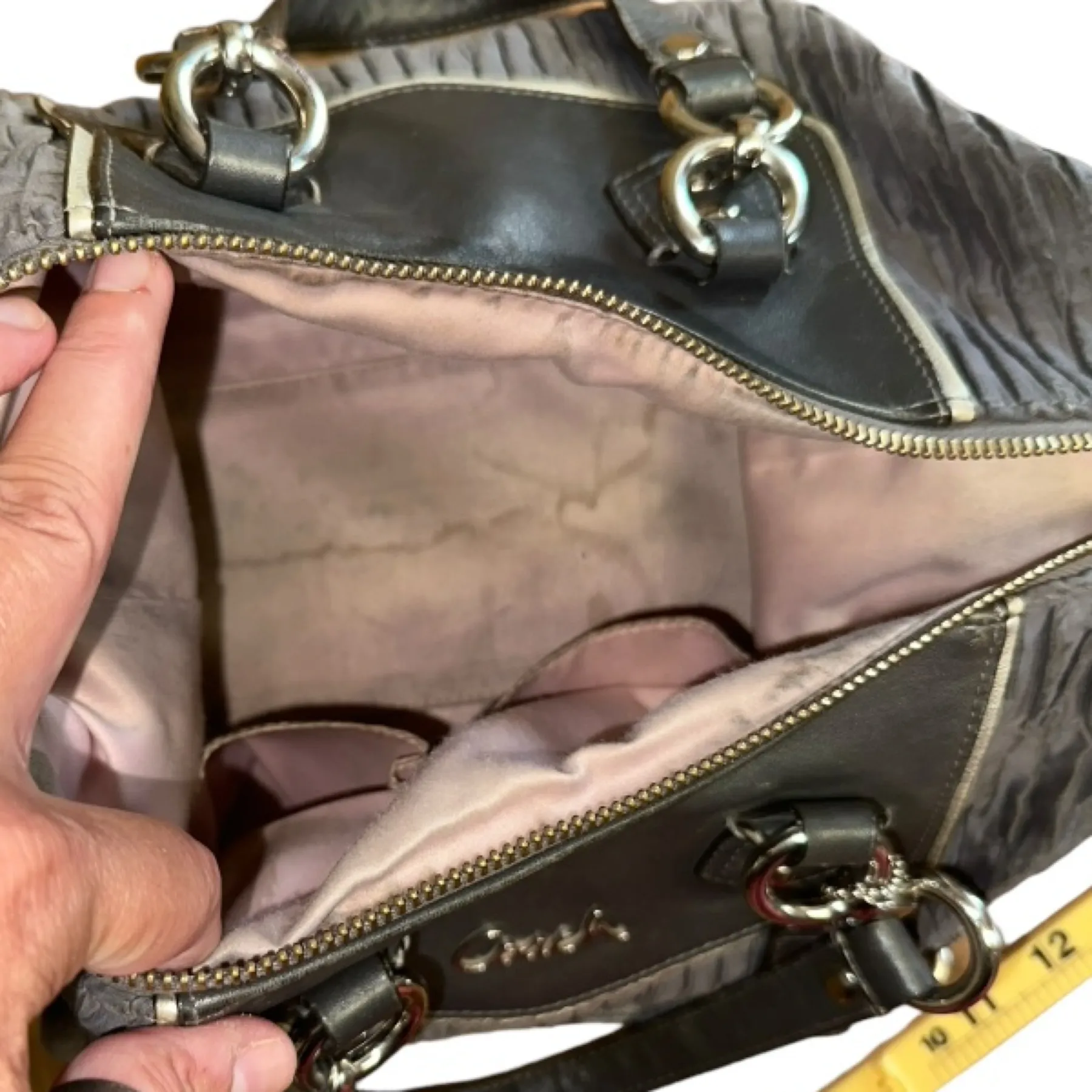 COACH • Ashley Gathered Sateen/Leather Grey Satchel Bag Purse • F20084 - Image 3