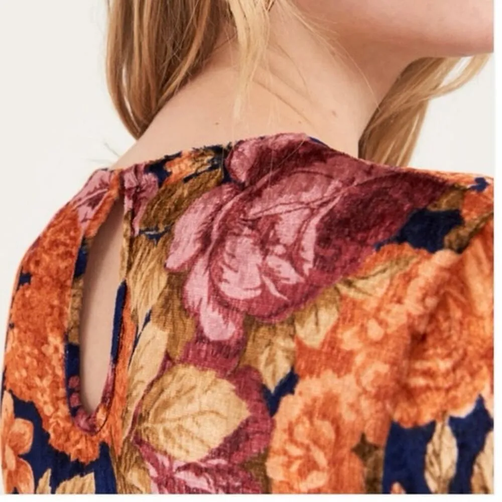 Antik Batik Blue Orange Floral Mini Dress Large Velour Long Sleeve - Image 7