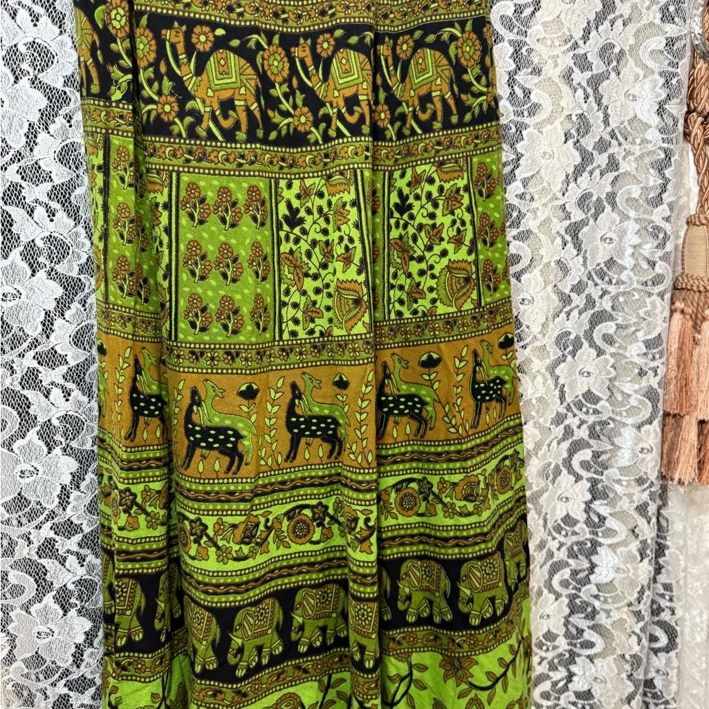 Cotton tapestry wrap skirt indian block print elephants OS GREEN EUC animal Size undefined - Image 6