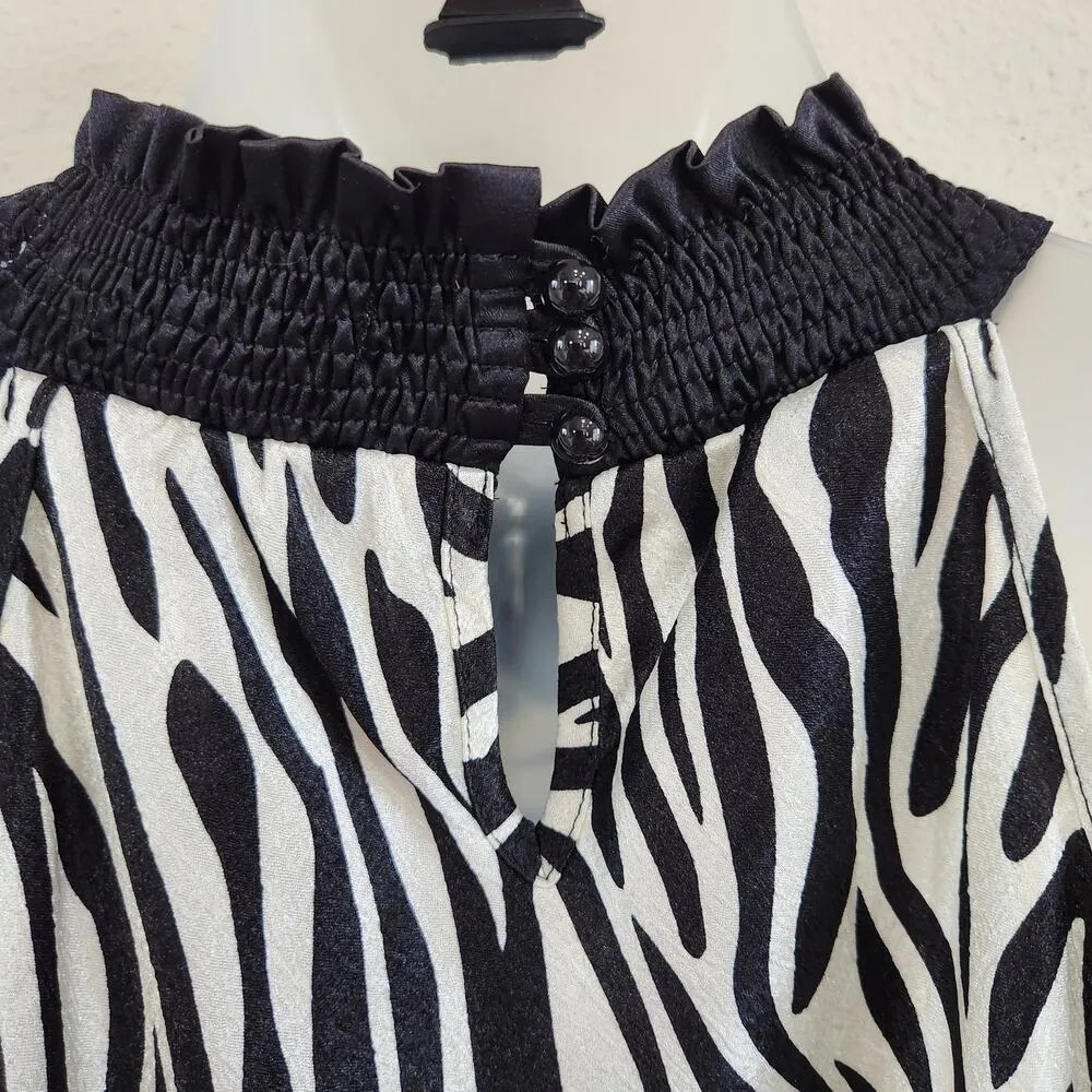 John Paul Richard Zebra Print Sleeveless Blouse Black White Mock Neck Sz Small - Image 5
