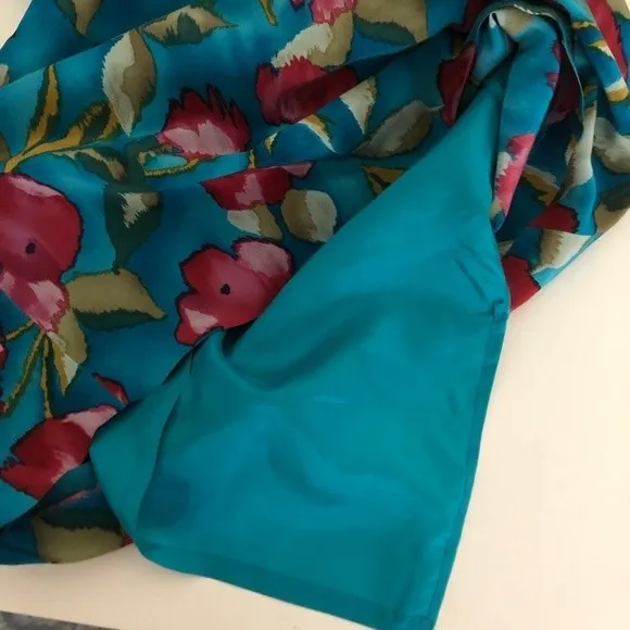PAPELL Petites 100% Silk Turquoise Teal Floral Sheath Dress Size 2P Vintage - Image 7