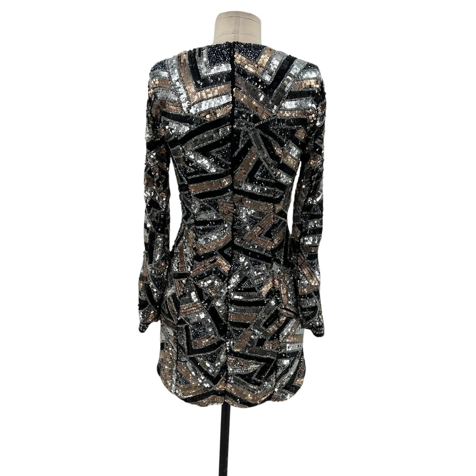 X by NBD Gloria Dress Sequin Mini Bodycon Long‎ Sleeve Silver Black Size 0 - Image 8