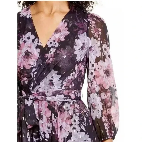 Eliza J Floral Metallic Fleck High Low Dress Puff Sleeve V-Neck Midi Tropical 10 - Image 2