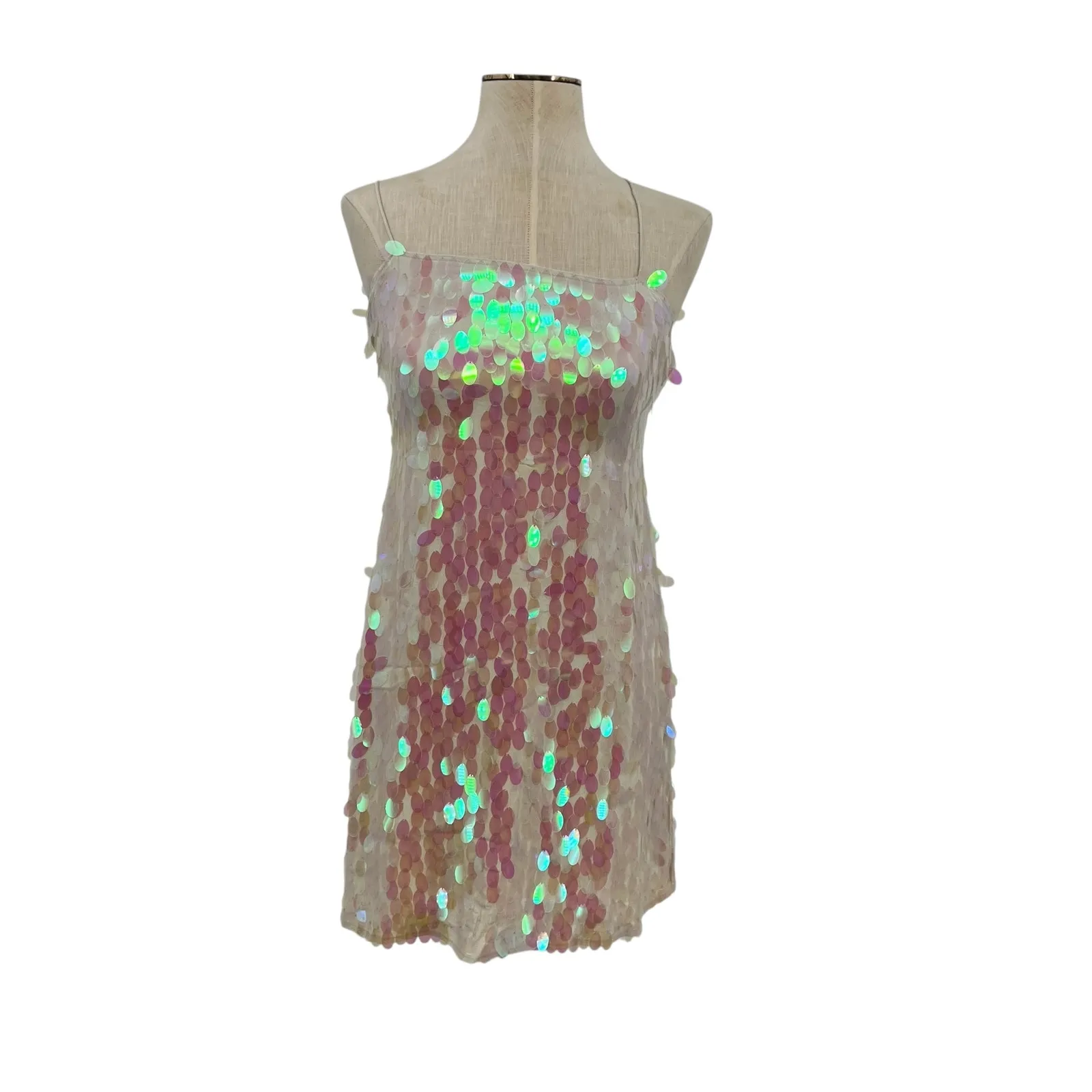 Free‎ People Mermaid Mini Dress Sequin Iridescent Cream White Pink Size 2 - Image 3