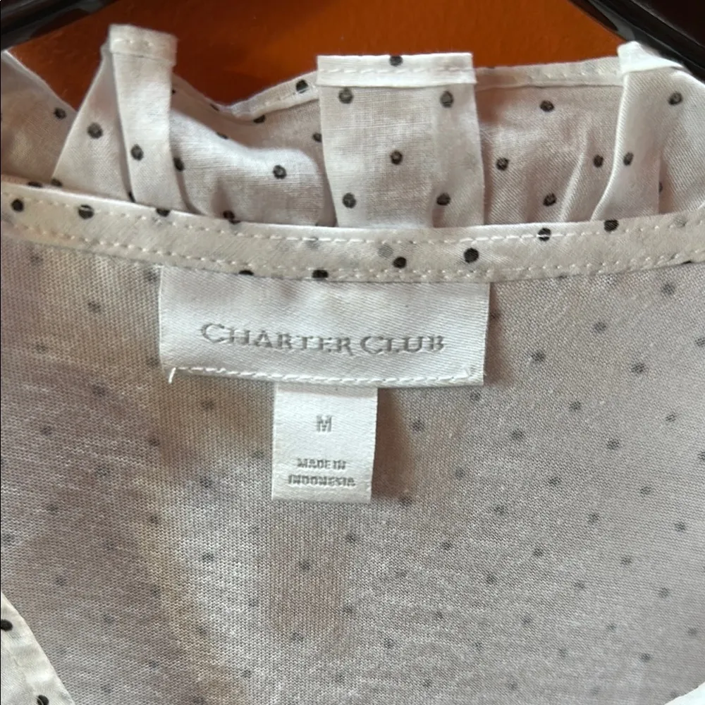 Charter Club White Sequin Ruffled Blouse with 3/4 Sleeves and black polka dots - Image 3