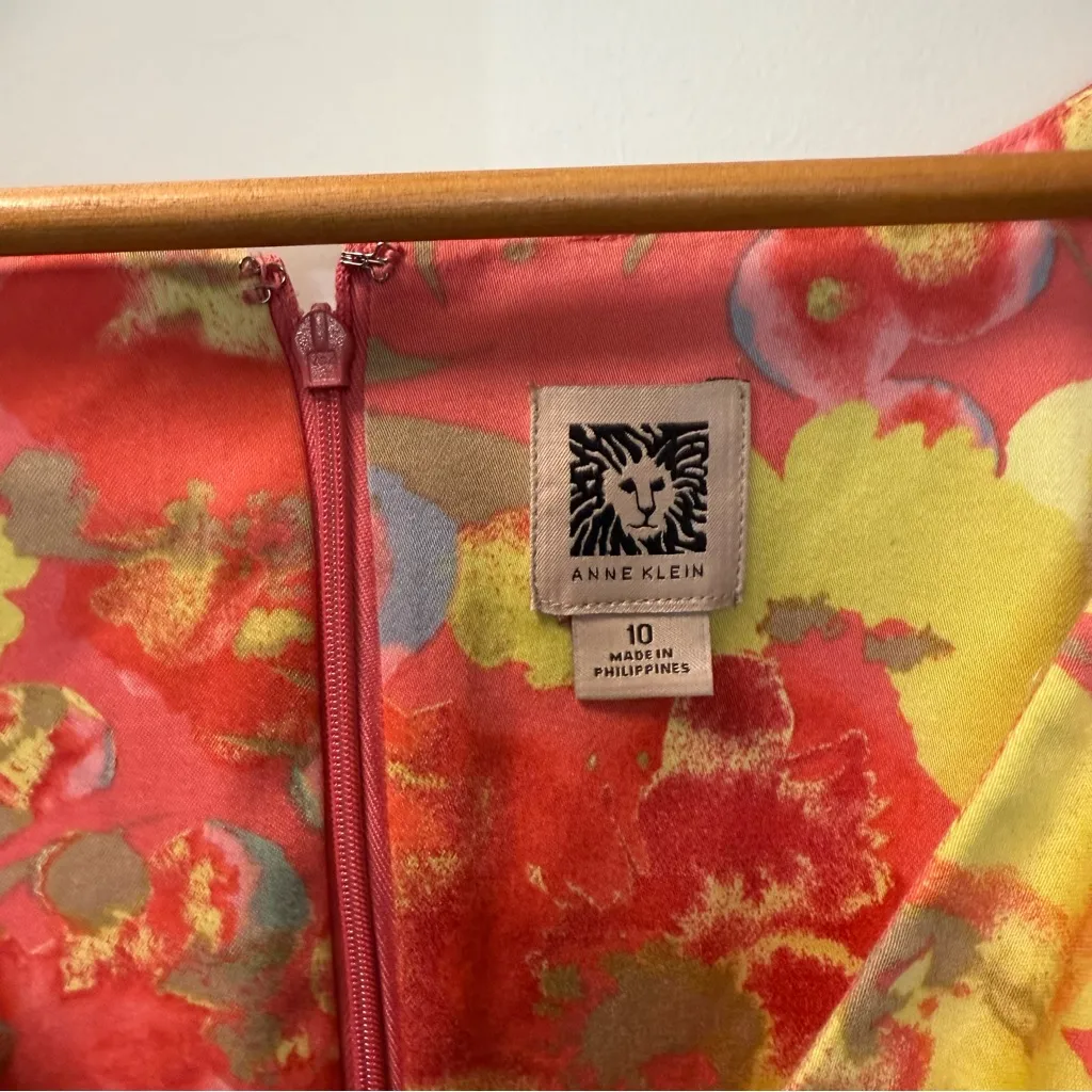 Anne Klein Peach Pink Yellow Floral V-Neck Knee Length Business Dress Careerwear - Image 3