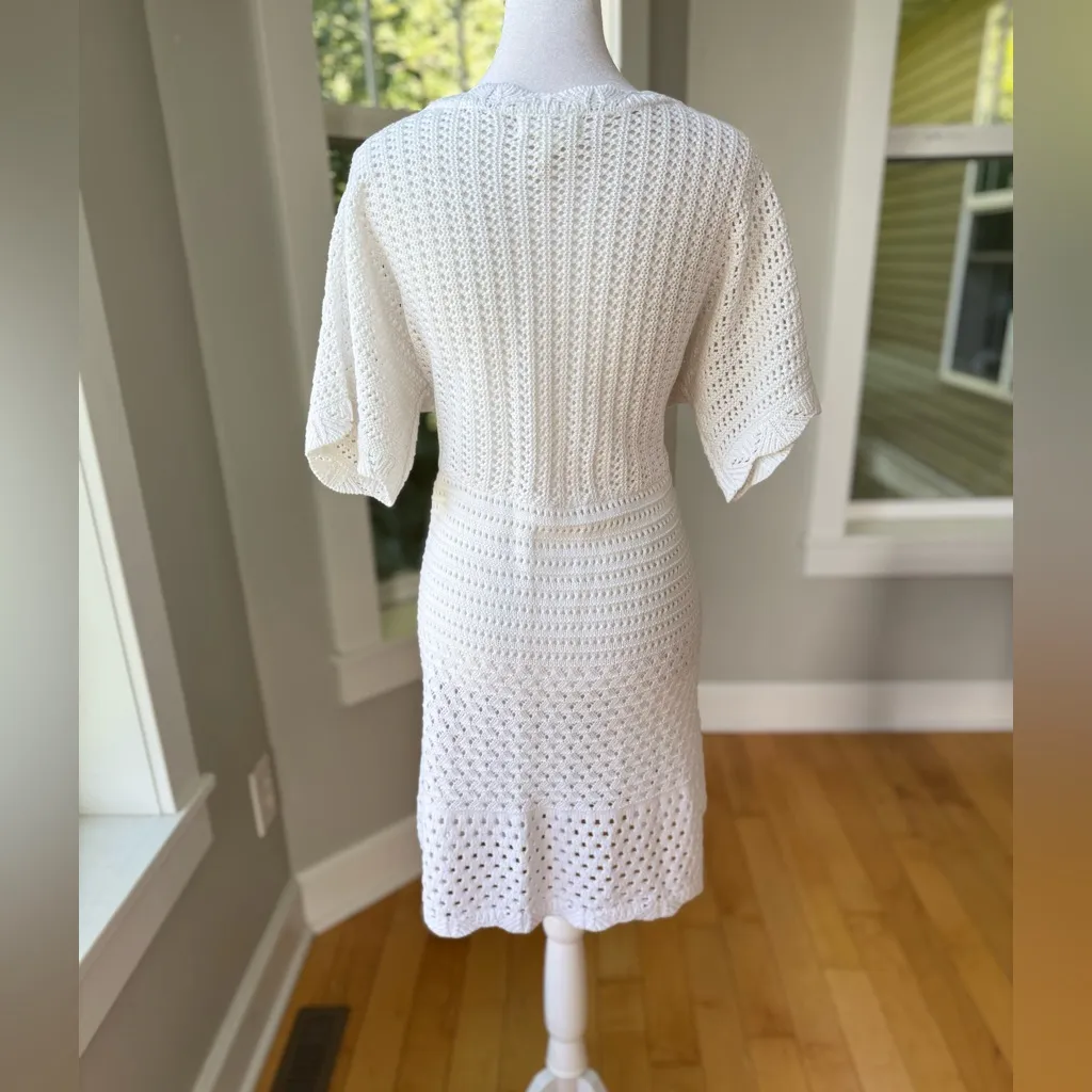 H&M White Crochet Short Flare Sleeve Boho Beach Mini Dress Size XL - Image 4