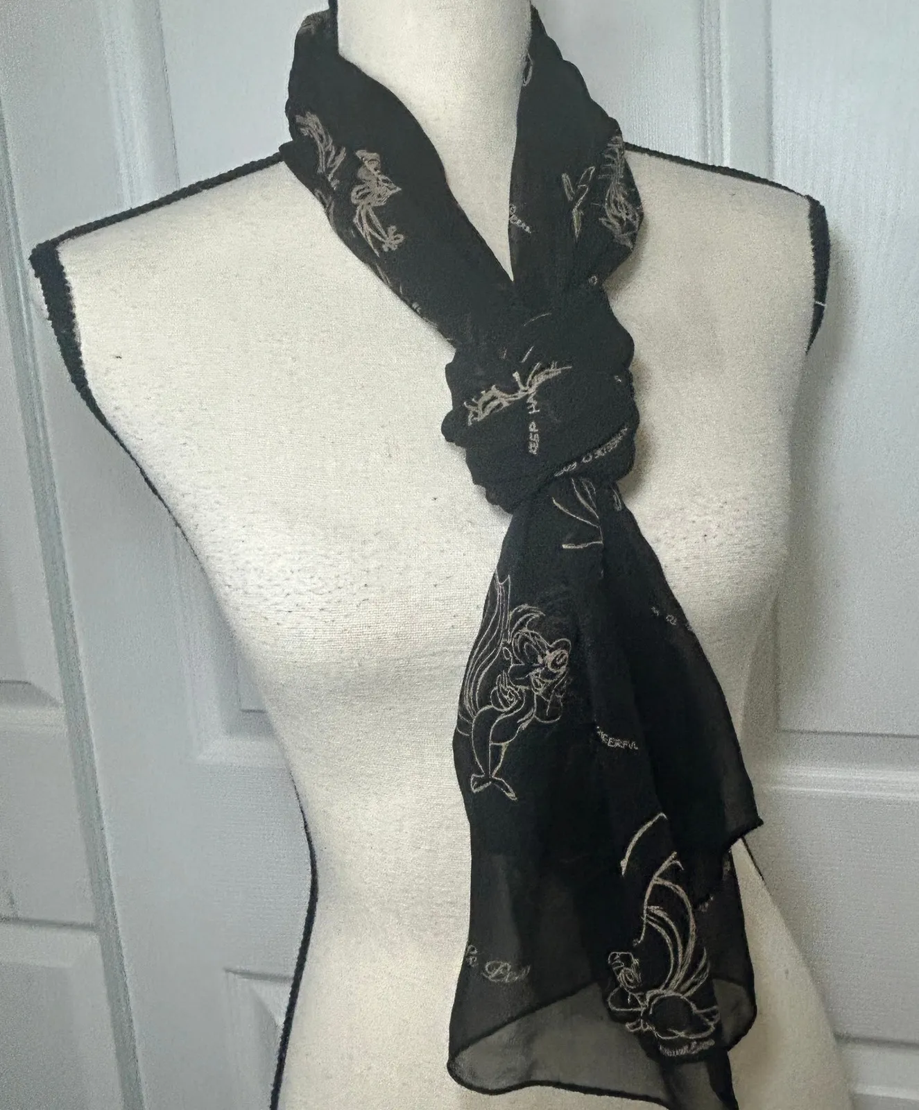 Warner Bros Pepe Le Pew Scarf Black Cartoon Character Print Lightweight - Image 1