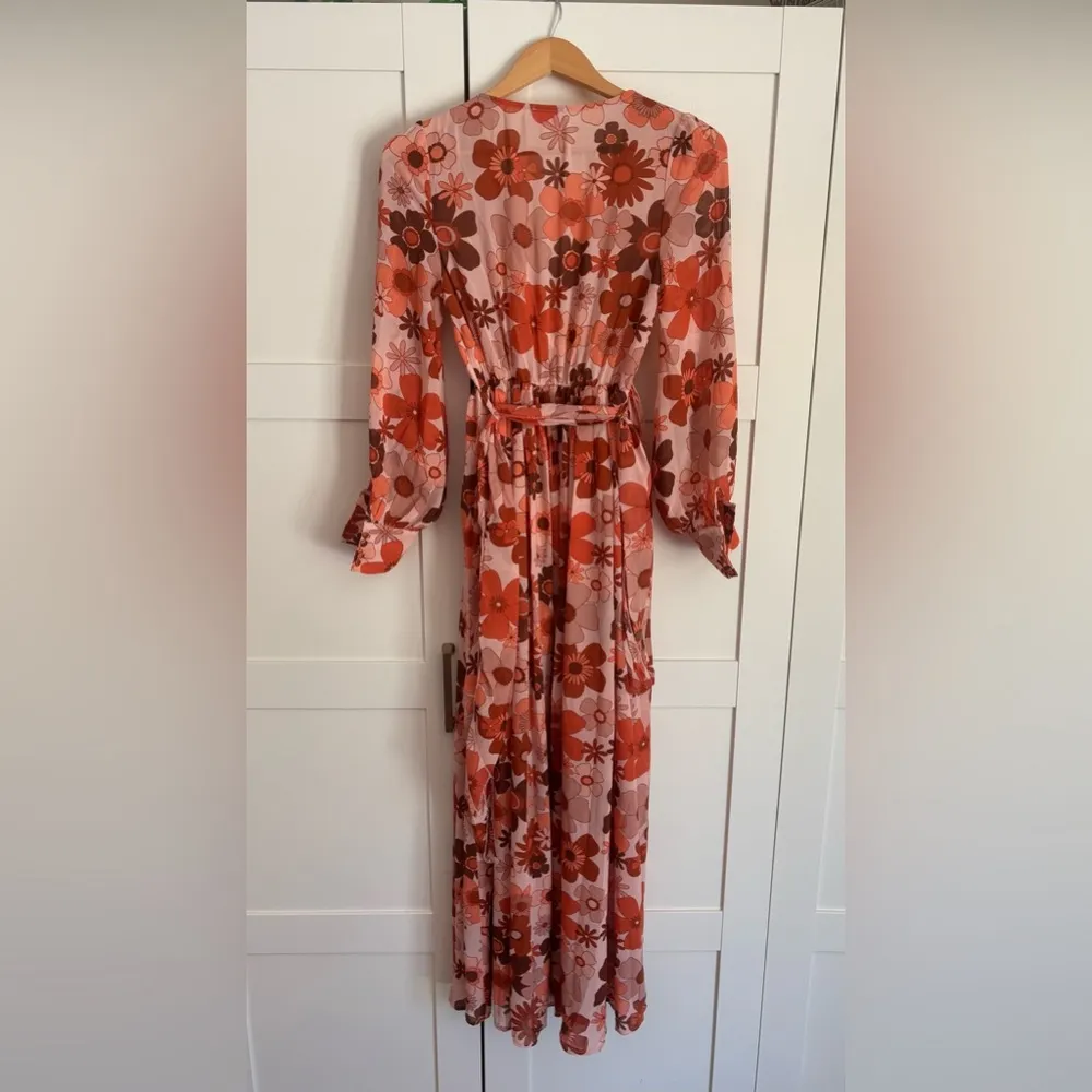 Pink Lily Dress Womens Faux Wrap Slit Maxi Long Sleeve 70s Retro Floral - Image 3