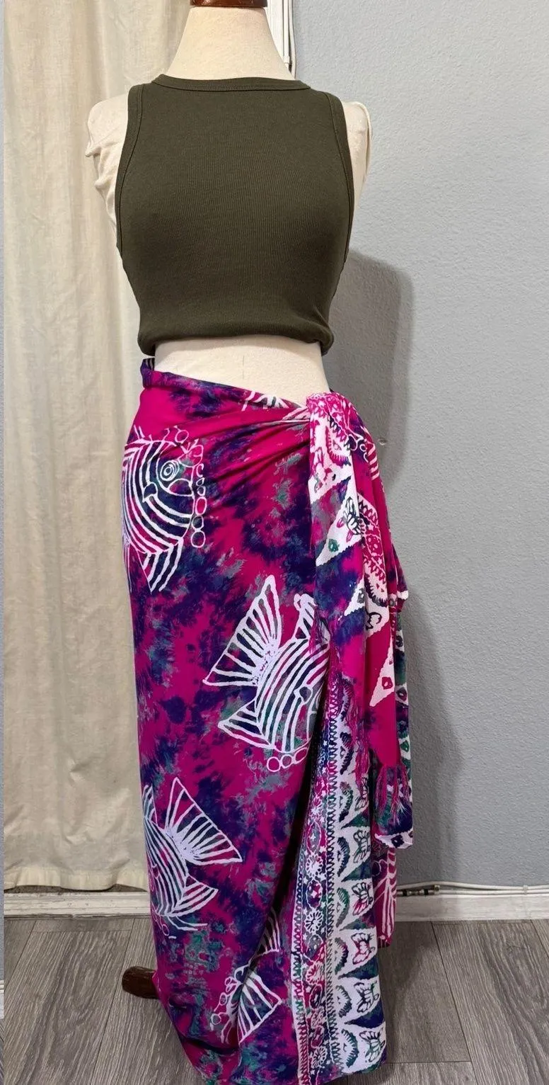 Pink Tie Dye Sarong Beach Wrap Cover Up Swimsuit Tropical Fish Print 65x47 in Size undefined - Image 2