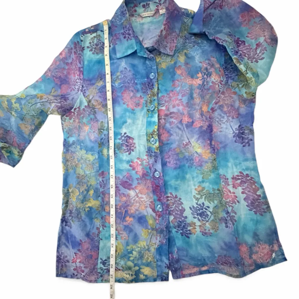 Erin London Floral Blouse women’s size Medium Sheer Multicolored Print Blue - Image 5