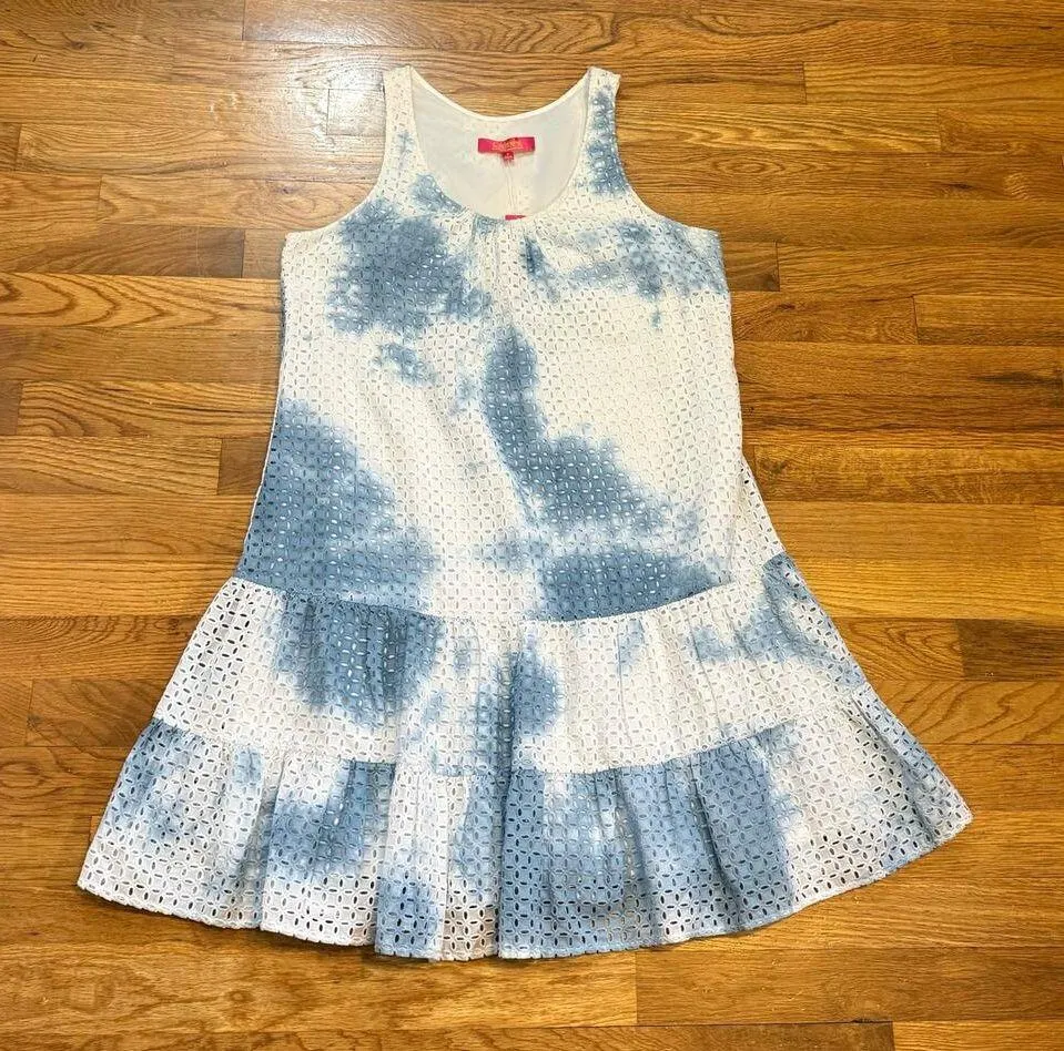 Catherine Malandrino Women’s 6 White Blue Tie Dye Cotton Eyelet Drop Waist Dress - Image 3