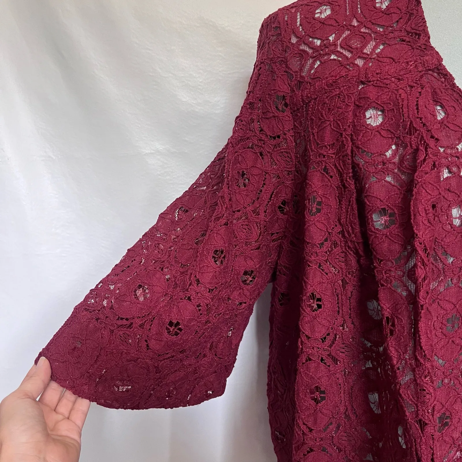 Denim 24/7 Cottagecore Crochet Cardigan Sweater Women 28W Burgundy Boho Festival Red - Image 3