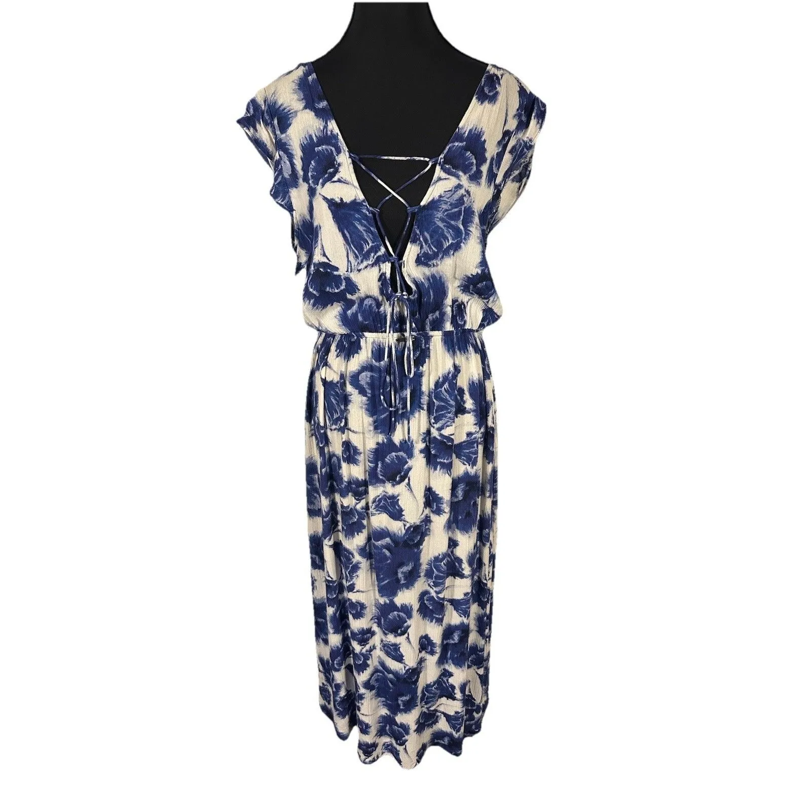 Billabong Don’t Mess Dress Beach Boho Dress Sz L Blue Floral Low Front Lace Back - Image 4