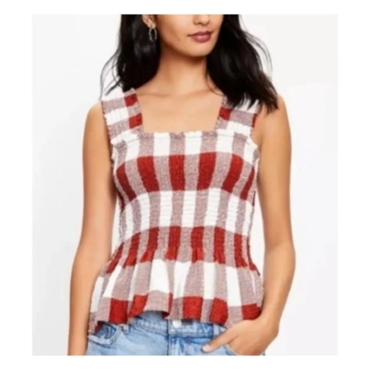 NWT Ann Taylor Loft Smocked Checker Peplum Stretchy Tank XS Copper White #4030 - Image 9