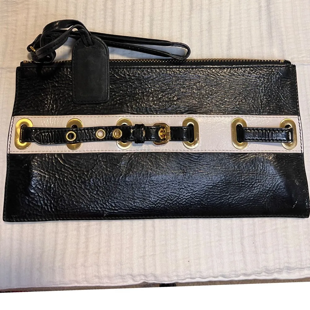 Carlisle Black & White Patent Leather Clutch w/Gold Hardware and‎ Buckle Detail - Image 3