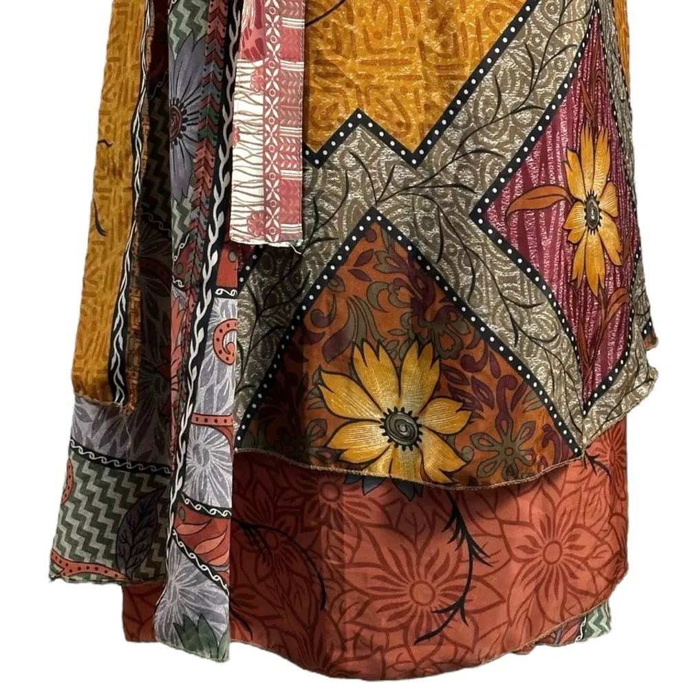 Vintage 90s Silk True Wrap Midi Skirt Size Large Bohemian Hippie 70s India Gypsy Brown - Image 6