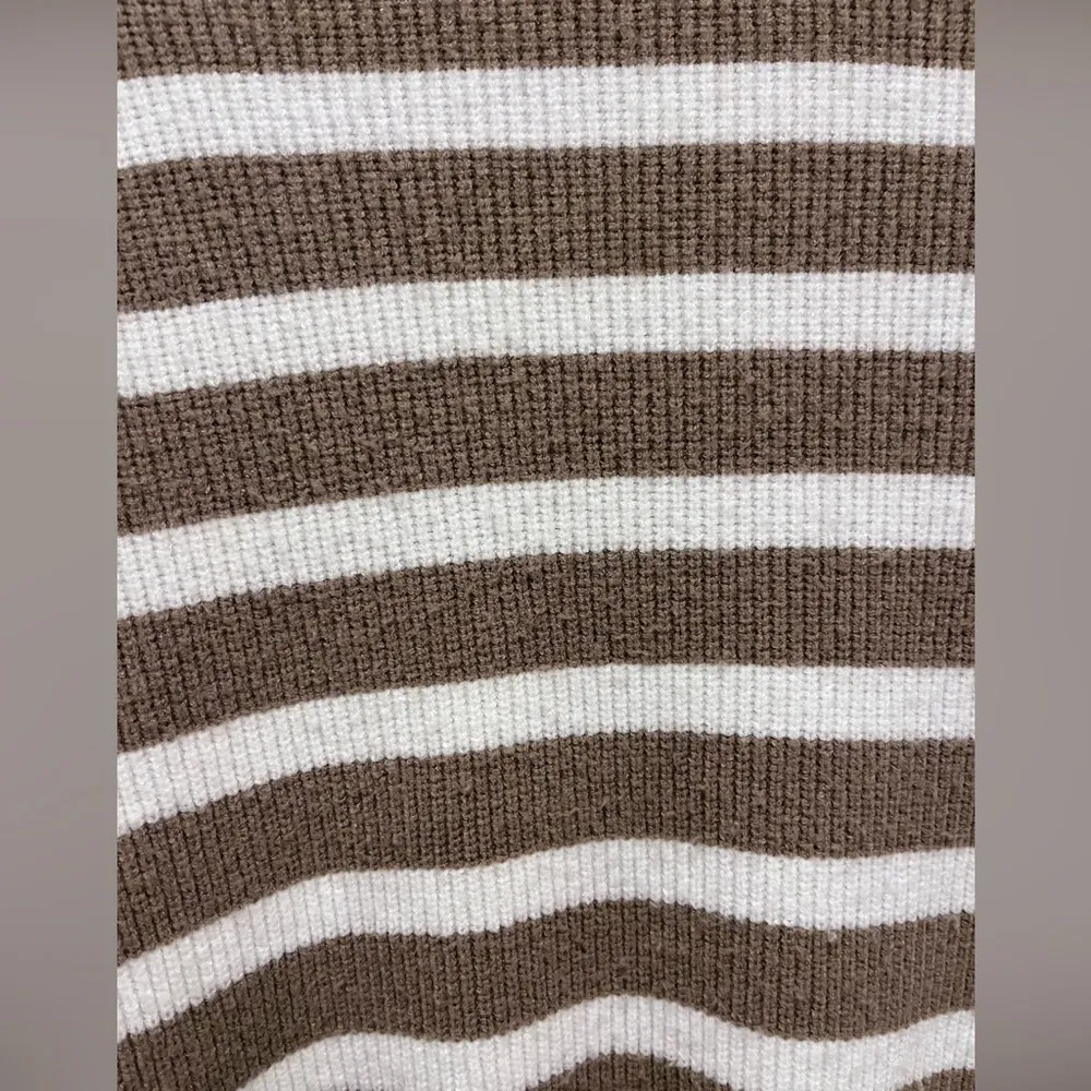 Long Ann Taylor Loft Sweater Cardigan Sz L VGUC Tan Cream Stripes - Image 3