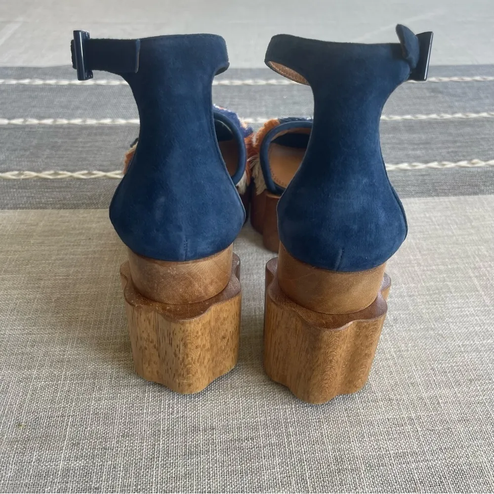 Tory Burch Alma Platform Sandals Heels Size 7 Fringe Suede Wooden Block Heel - Image 8