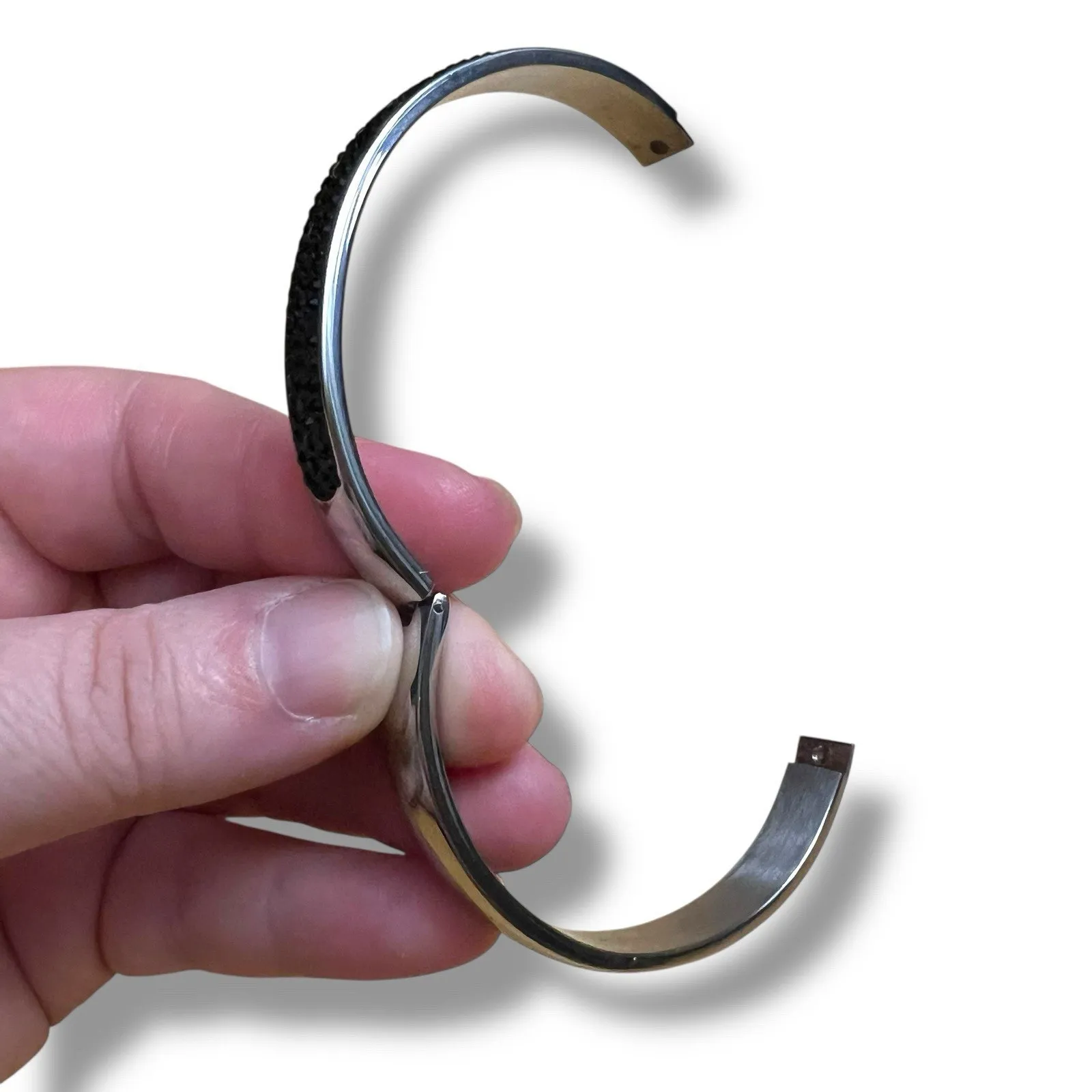 Vintage JCM Silver Stainless Steel Bangle Bracelet with Black Crystal Accents - Image 9