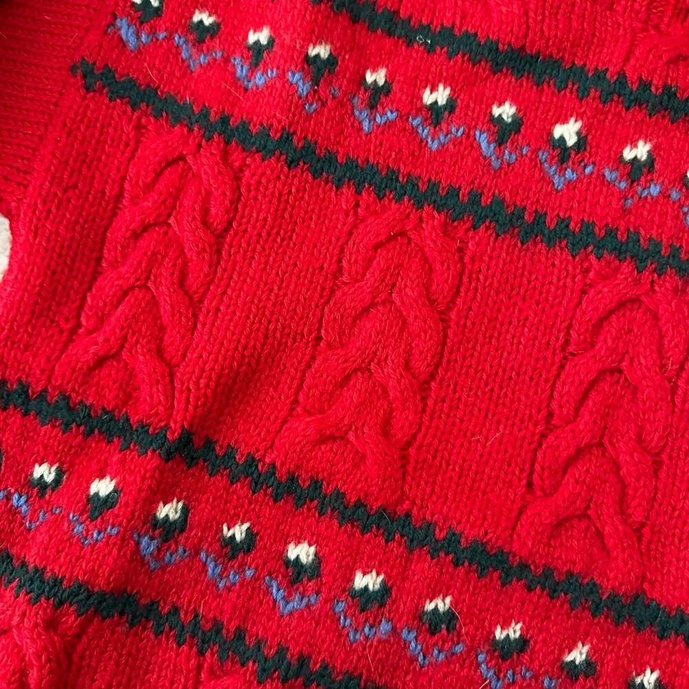 Vintage Dorothy Bullit Mini Flowers Red Hand Knit Wool Granny Sweater Sz Small - Image 2