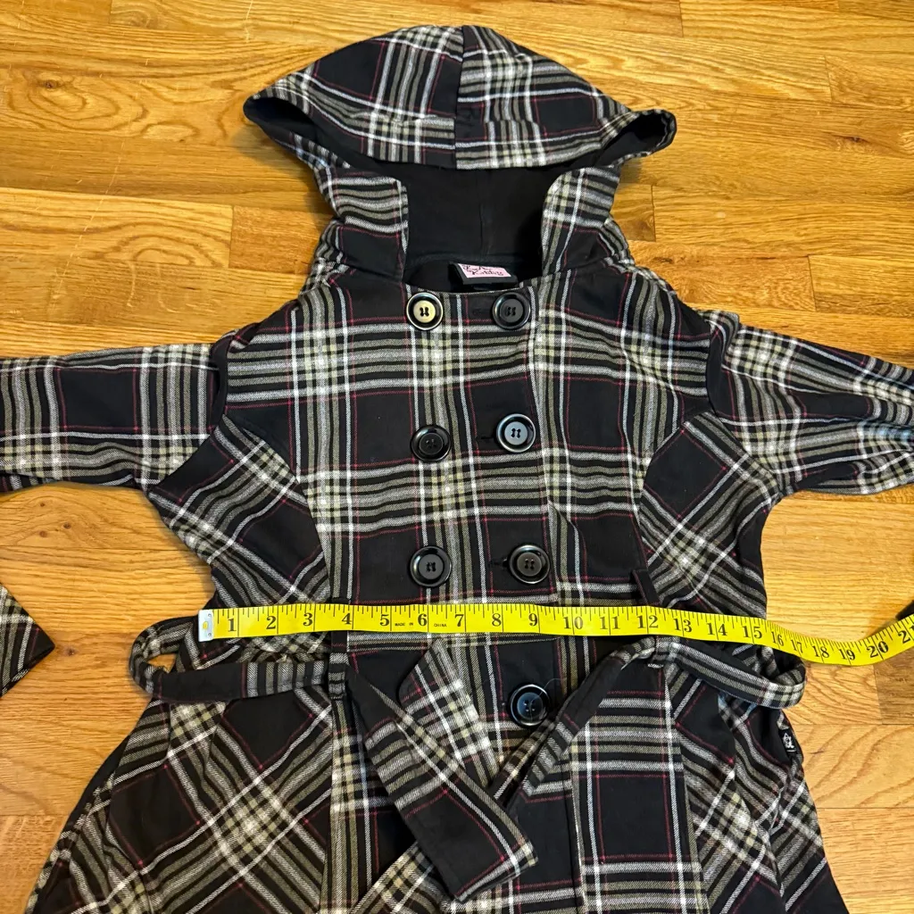 LA Kitty Juniors Large Black White Plaid Button Hood Pockets Short Trench Coat Size undefined - Image 6