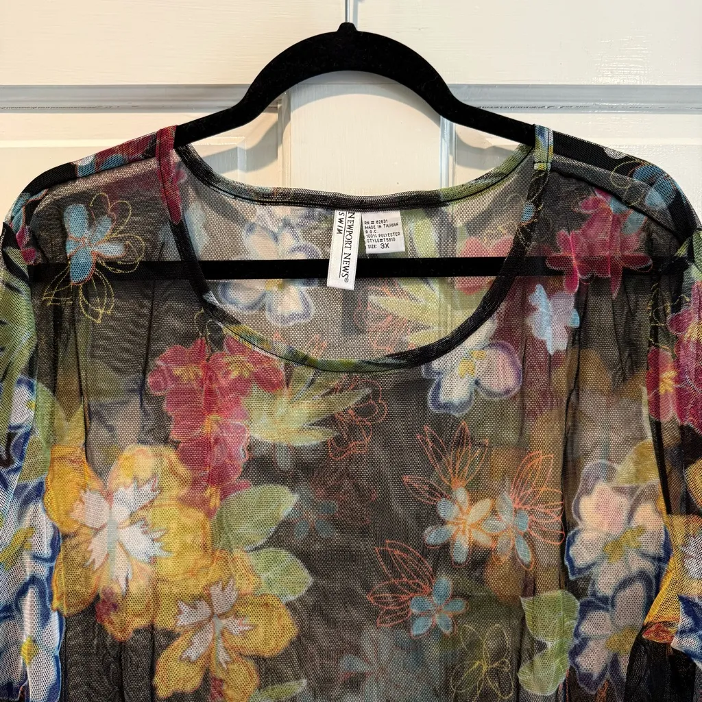 Newport News Swim Sheer Long Sleeve Floral Scoop Neck Cover Up Blouse Black 3X‎ - Image 2