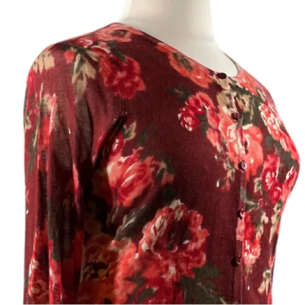 LOFT Cardigan Sweater Button Up Long Sleeve Burgundy Pink Floral Women’s Size XL - Image 6