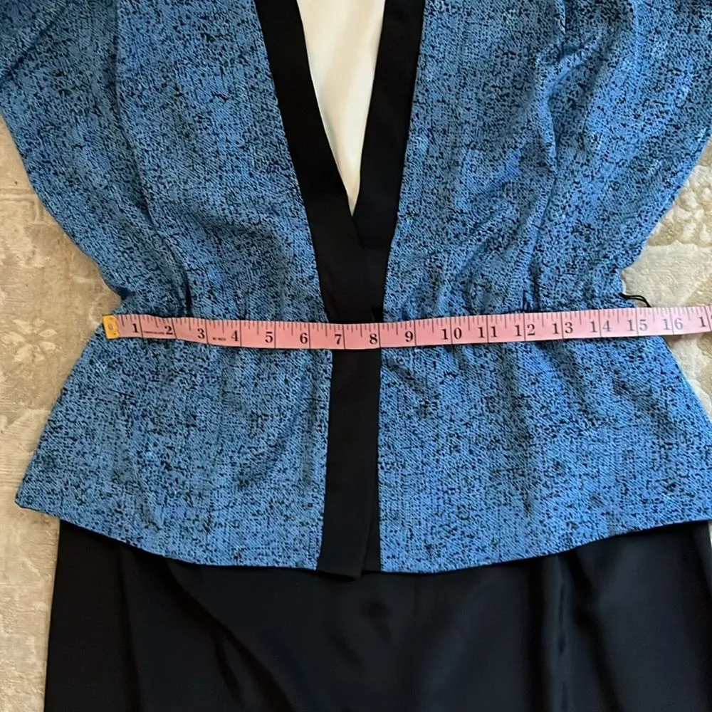 Vintage 80s Lady Carol Blue Peplum Puff Shoulder Dress Set Retro Career Chic Size L - Image 9