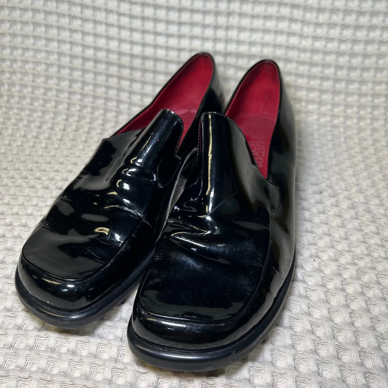 Franco Sarto Black Patent Square Toe Loafer Heels Women's Shoes Slip On - Image 2