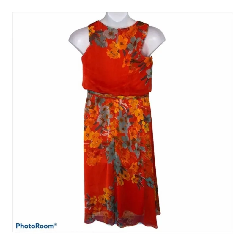 MSK Red Floral Blouson Belted Maxi Dress Ankle Length Sleeveless Size 8 - Image 7