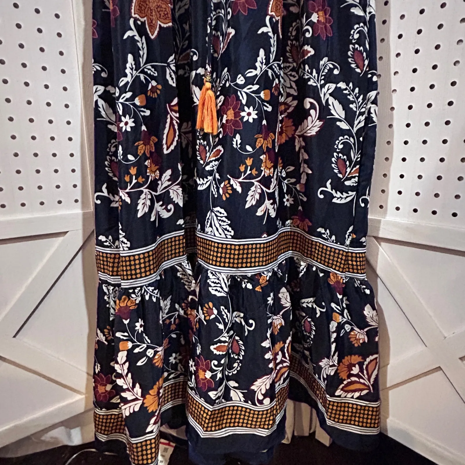 Lapogee Boho Floral Maxi Dress Navy Orange Tassel V Neck Smocked Waist L Black Size L - Image 4