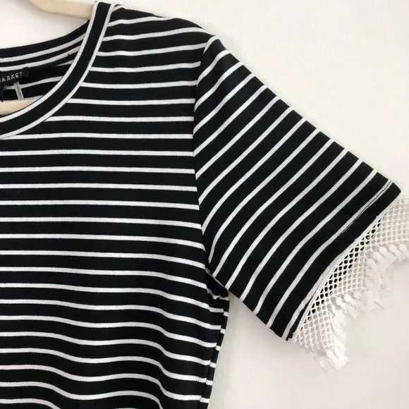 New  Lace Trim Short Sleeve Striped T-Shirt Black White - Image 9