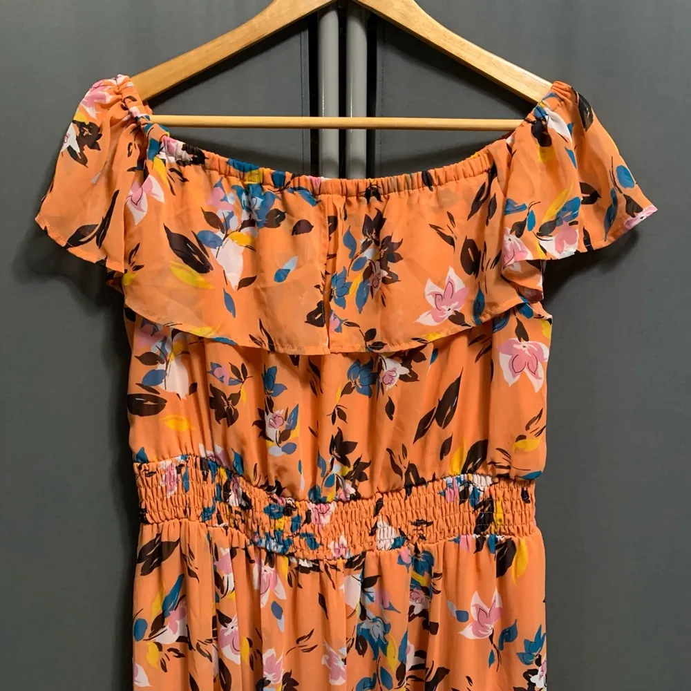 B28-Women's Lane Bryant Maxi Dress Size 14/16 Orange Floral Off-the-Shoulder - Image 5