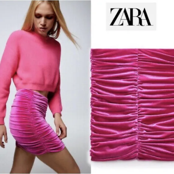 Zara Fuchsia Hot Pink Ruched Velvet Stretch Body Con Mini Skirt Size S Small - Image 10