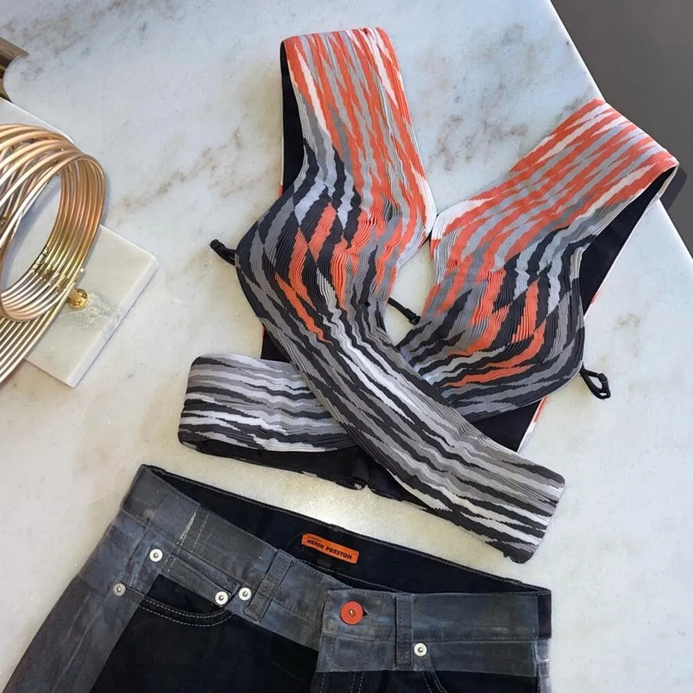 Alexander Wang Accordion Pleated Criss Cross Top in Pavement Woven - Image 2