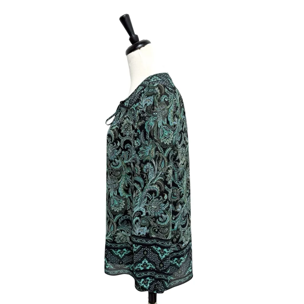 Kim Gravel Belle Black Green Paisley Sheer Sleeve Overlay Split V Neck Tie Top M Size M - Image 5
