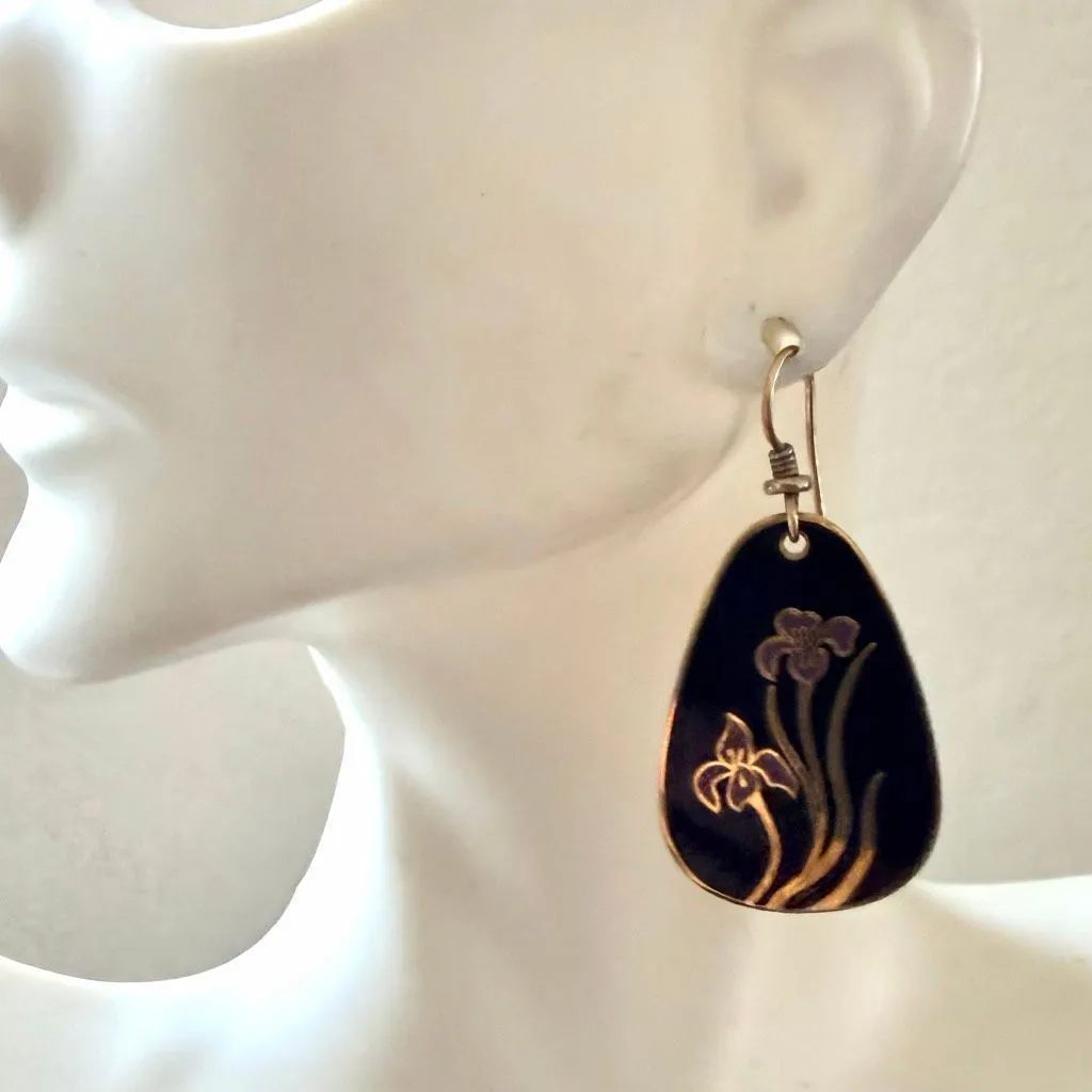 Laurel Burch Black Enamel Iris Drop Earrings - Image 3