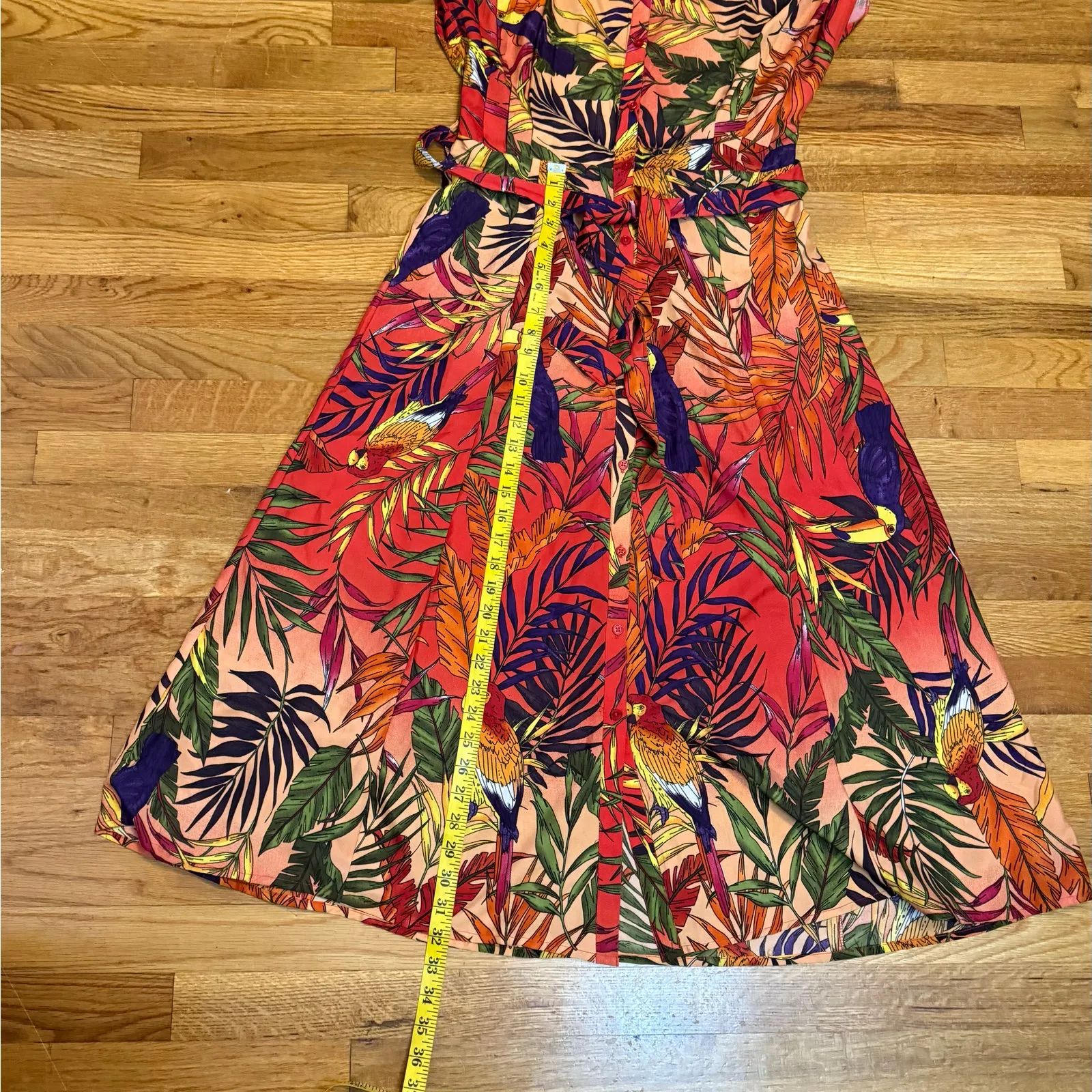 Live 4 Truth Women’s Small Red Green Tropical Midi Dress Palm Leaf Toucan Vaca - Image 7