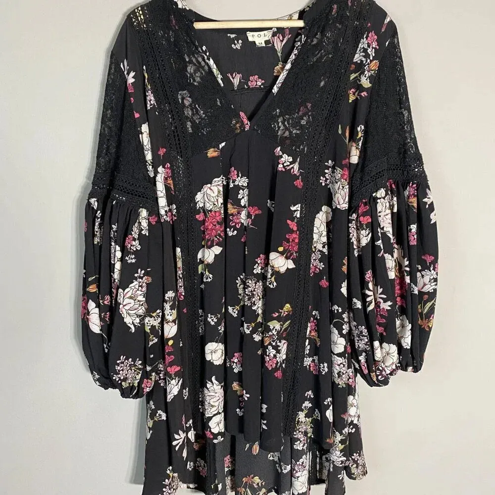 POL Women's Size Medium Floral Lace Details Boho Balloon Sleeve Black Mini Dress - Image 3