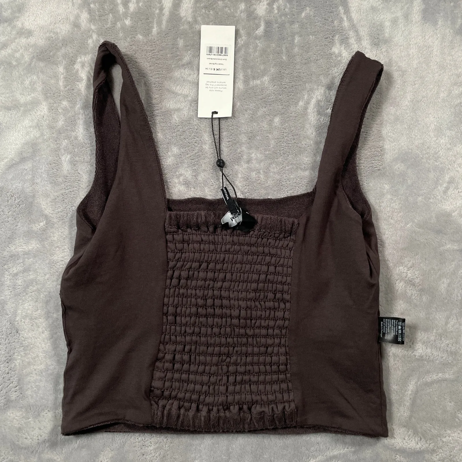 Me+Em Crop Top Womens 2 Brown Towelling Bralette Smocked Terry Cloth Minimal New - Image 5