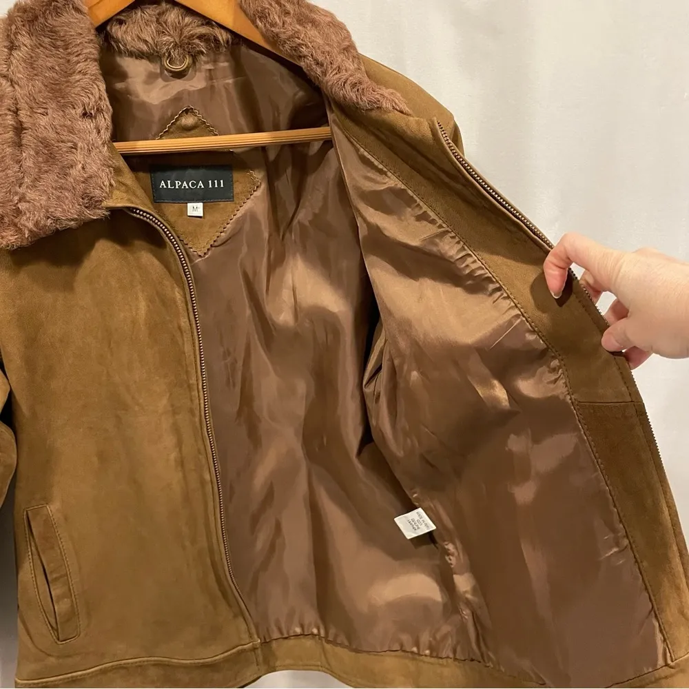 Beautiful milk chocolate brown leather jacket fur collar Alpaca 111 lined medium - Image 8