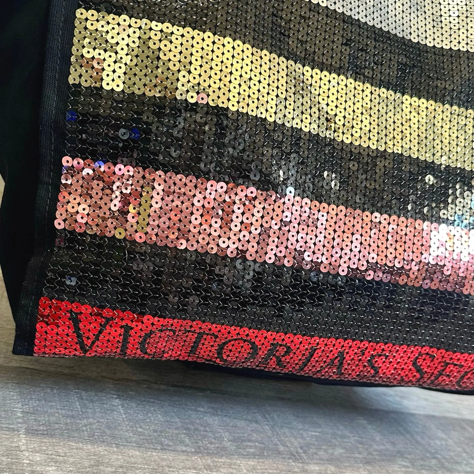Victorias Secret Metallic Sequin Striped Large Black Tote Gold Red Silver Bag - Image 3