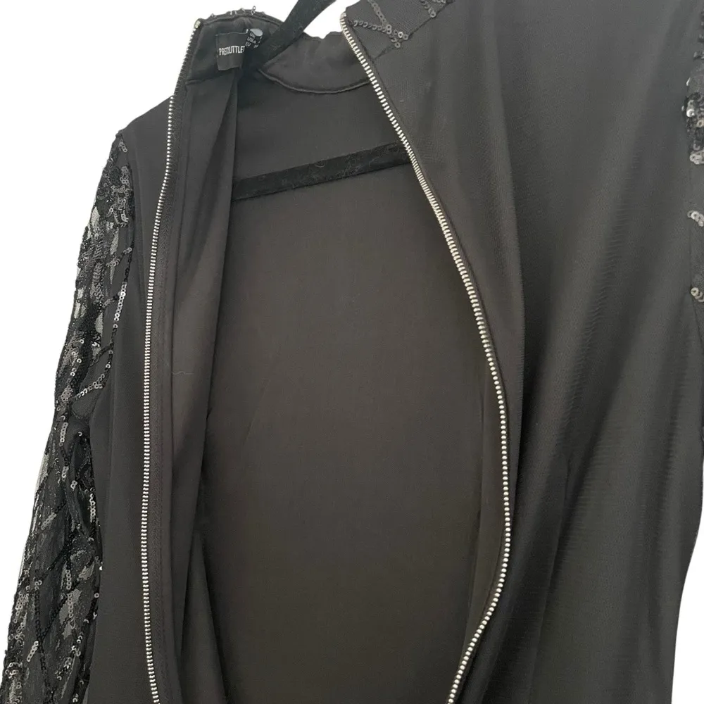 PrettyLittleThing Black Bodycon Long Sleeve Dress Sheer Sleeves Beaded - Image 11